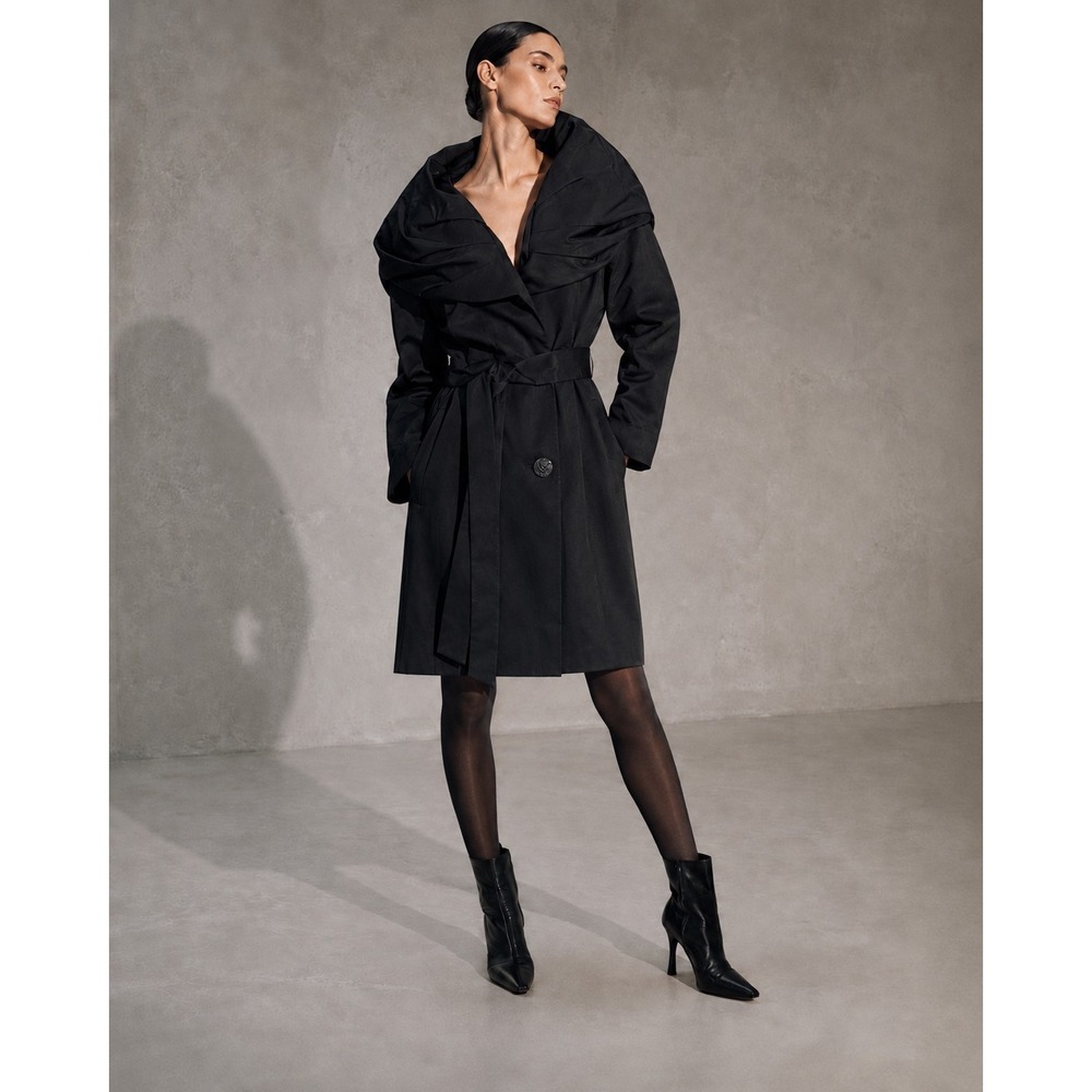Tahari Black Trench Coat Shawl Collar Belted Mid Length Jacket Women Size L